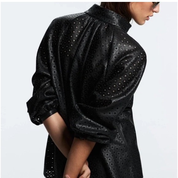 New: Zara Faux Leather Laser Cut Blouse. Black. Size Small - Picture 6 of 16